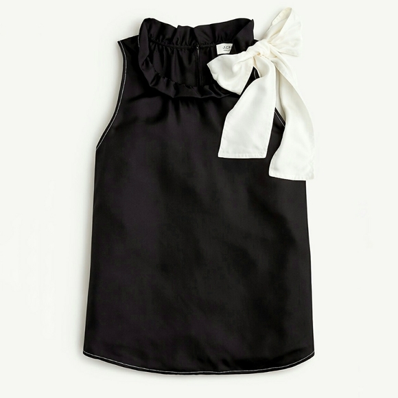 NWT J. Crew Collection XS Silk Twill Black Sleeveless Top with Fixed White Bow - Picture 1 of 8